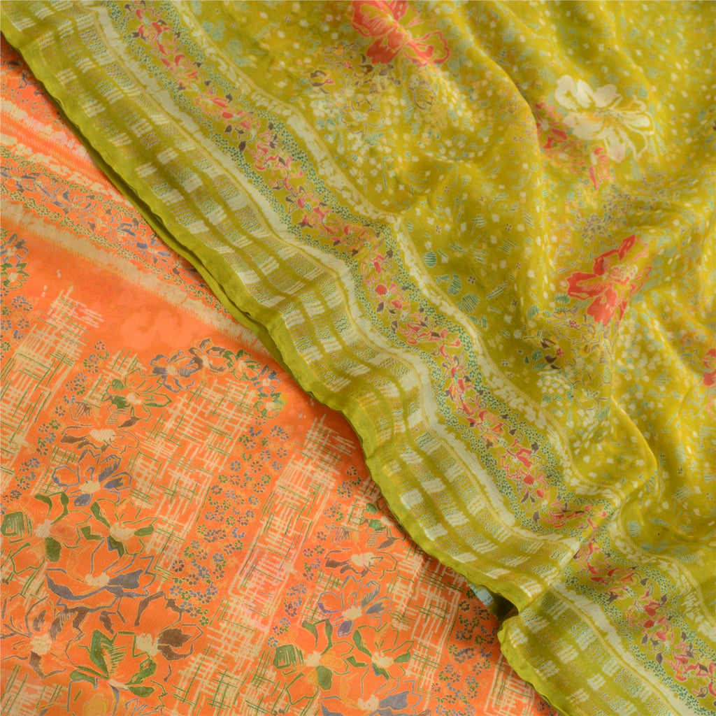 Sanskriti Vintage Green Indian Sarees Chiffon Printed 5 Yard Sari Craft Fabric