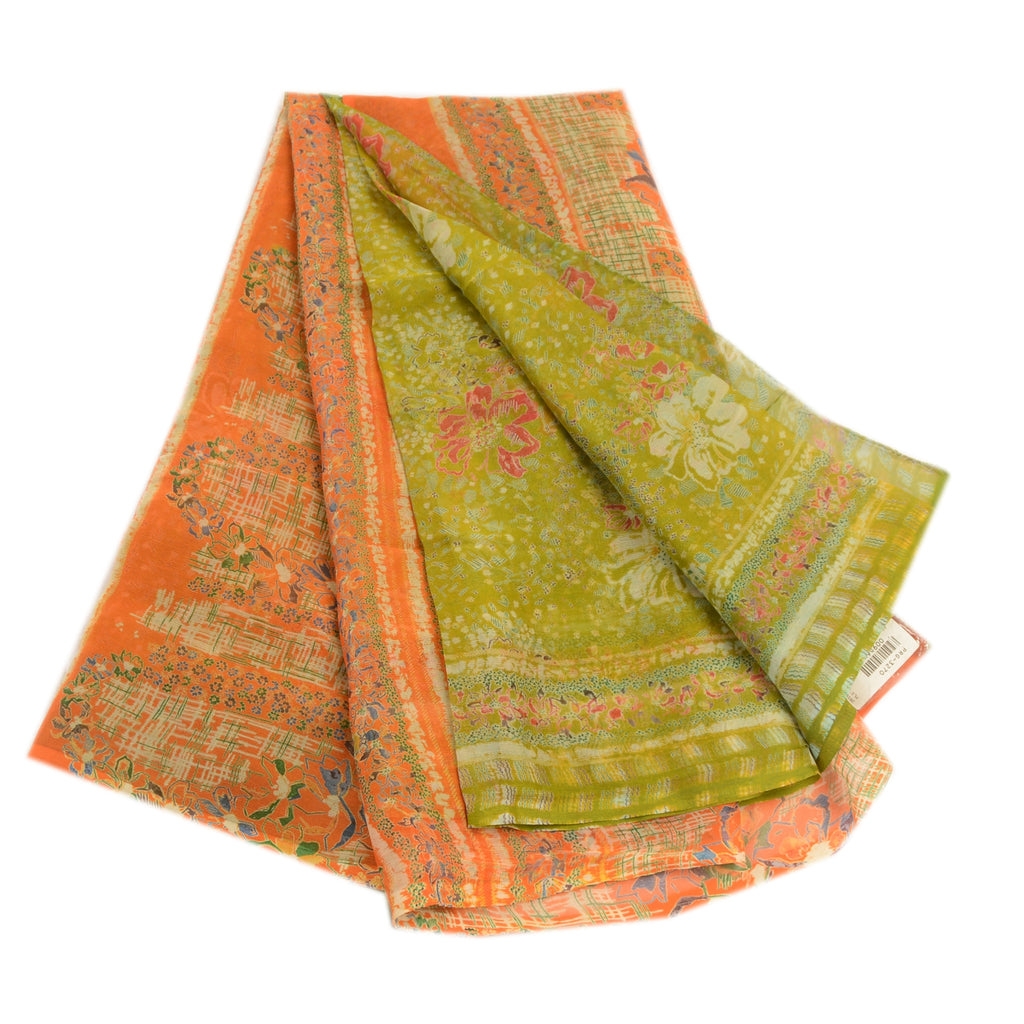 Sanskriti Vintage Green Indian Sarees Chiffon Printed 5 Yard Sari Craft Fabric