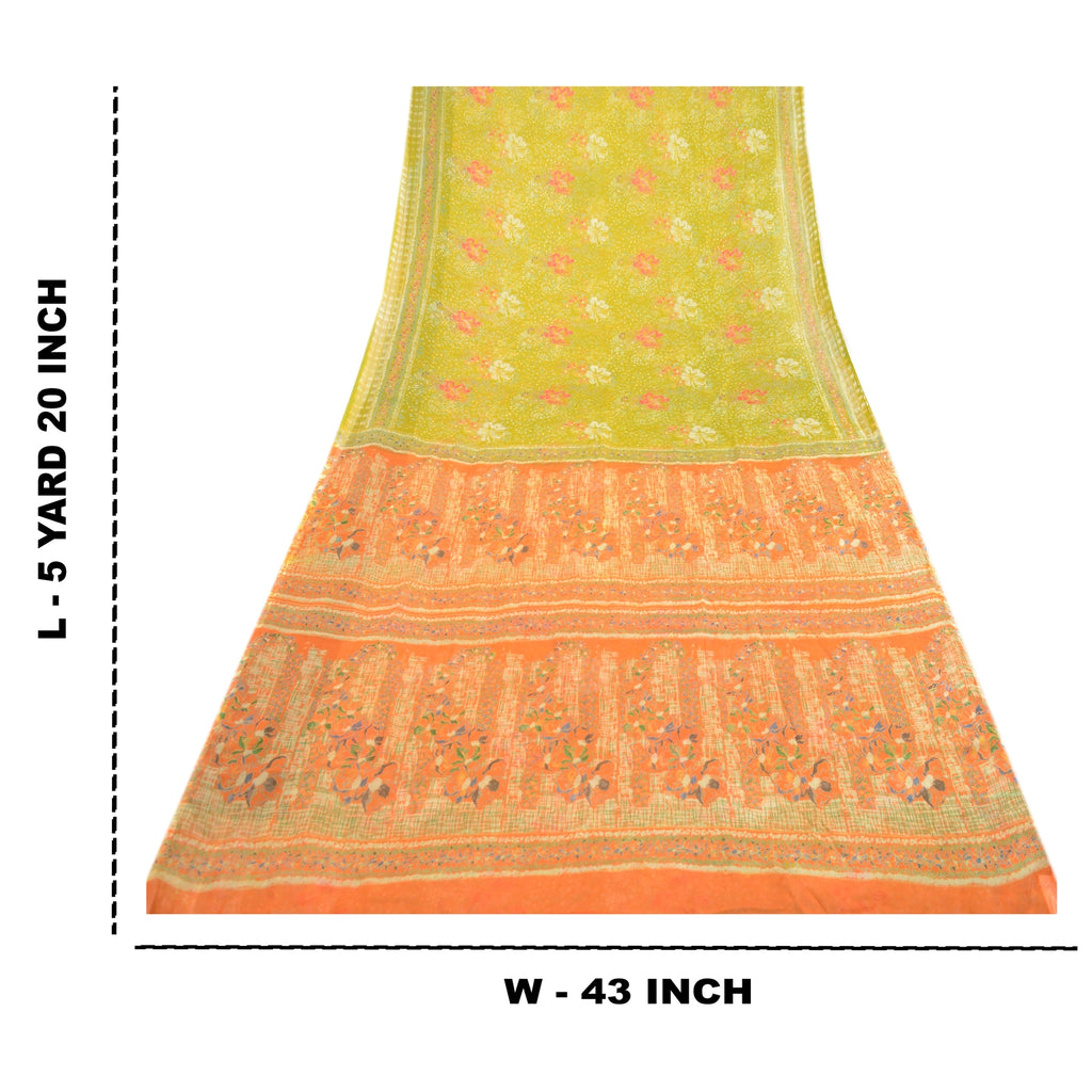 Sanskriti Vintage Green Indian Sarees Chiffon Printed 5 Yard Sari Craft Fabric