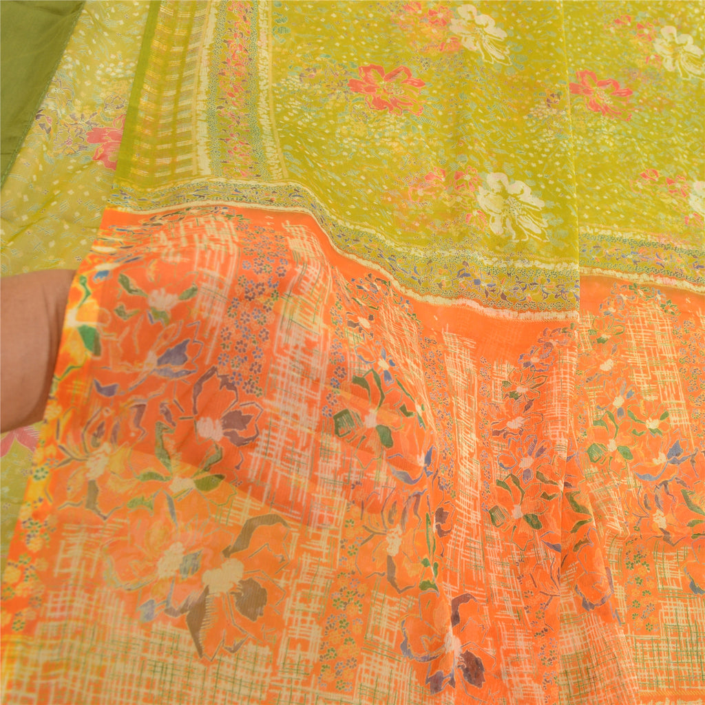 Sanskriti Vintage Green Indian Sarees Chiffon Printed 5 Yard Sari Craft Fabric