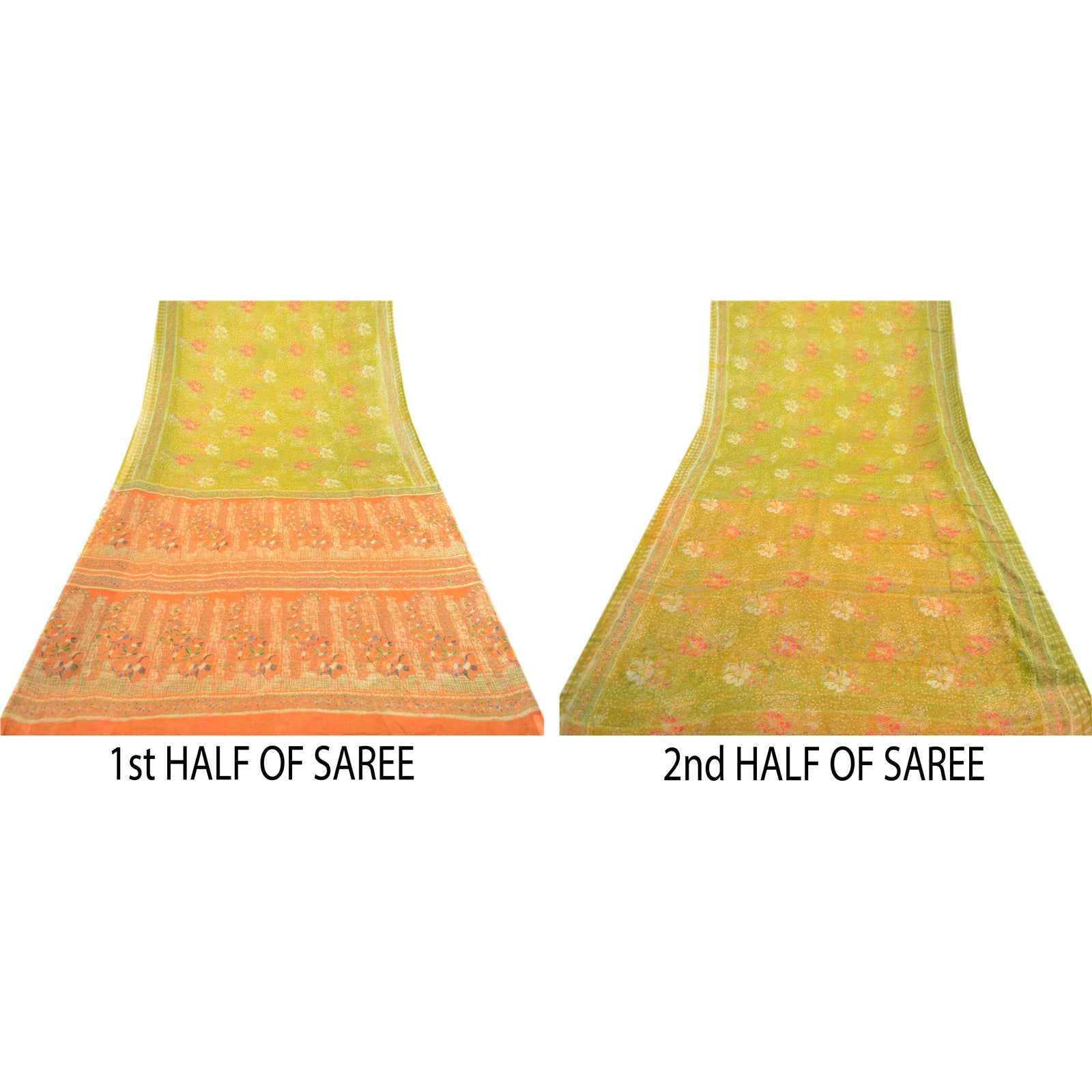 Sanskriti Vintage Green Indian Sarees Chiffon Printed 5 Yard Sari Craft Fabric