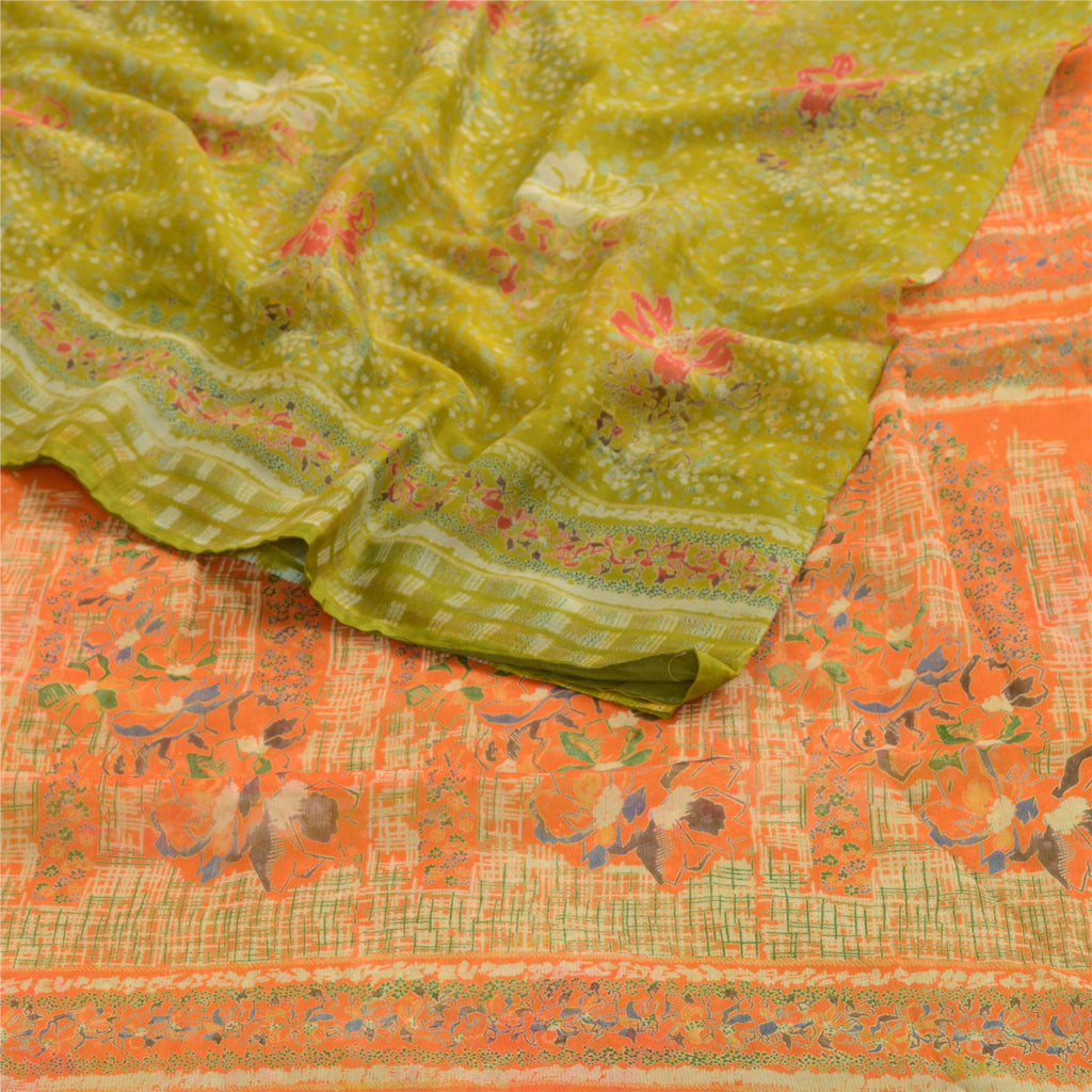 Sanskriti Vintage Green Indian Sarees Chiffon Printed 5 Yard Sari Craft Fabric