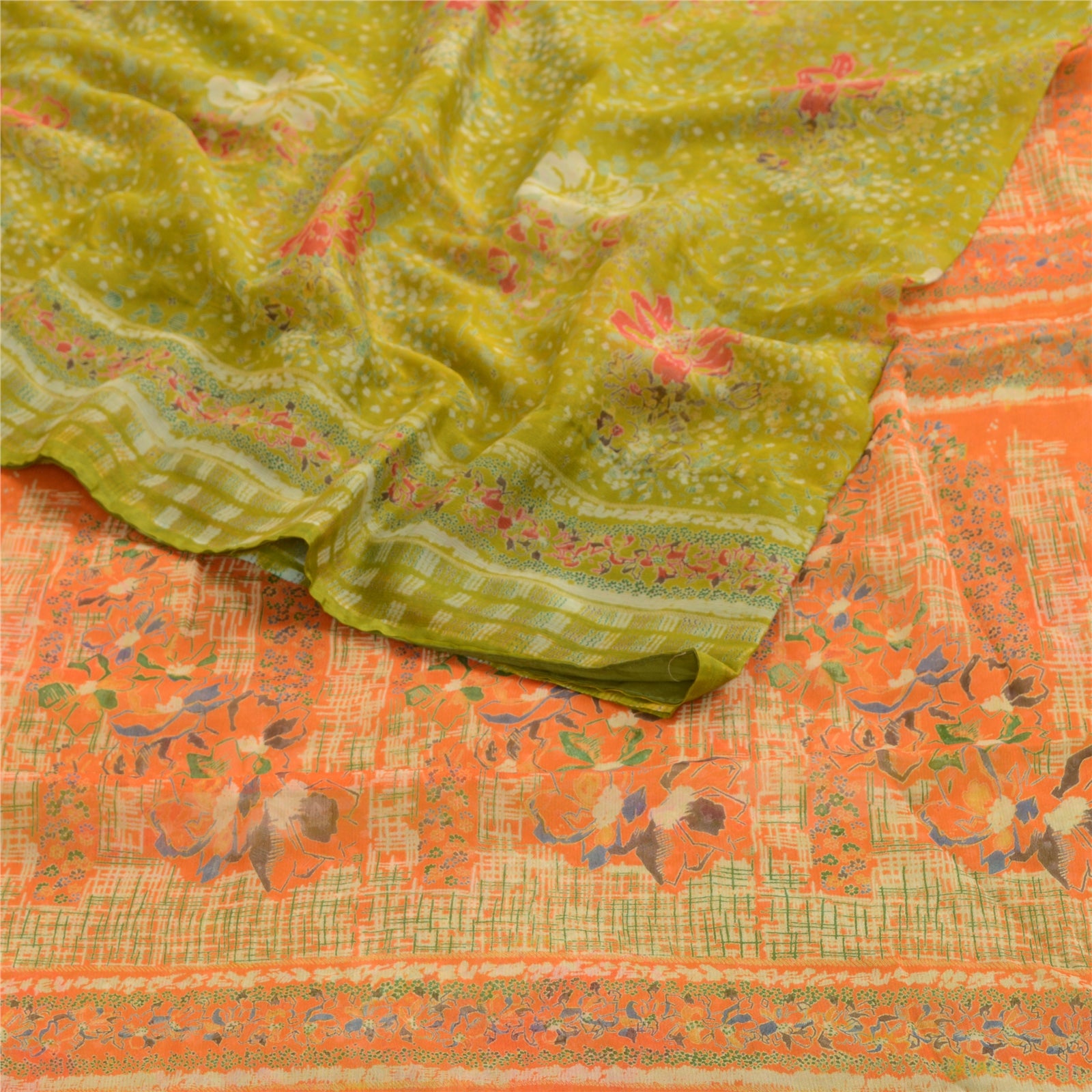 Sanskriti Vintage Green Indian Sarees Chiffon Printed 5 Yard Sari Craft Fabric