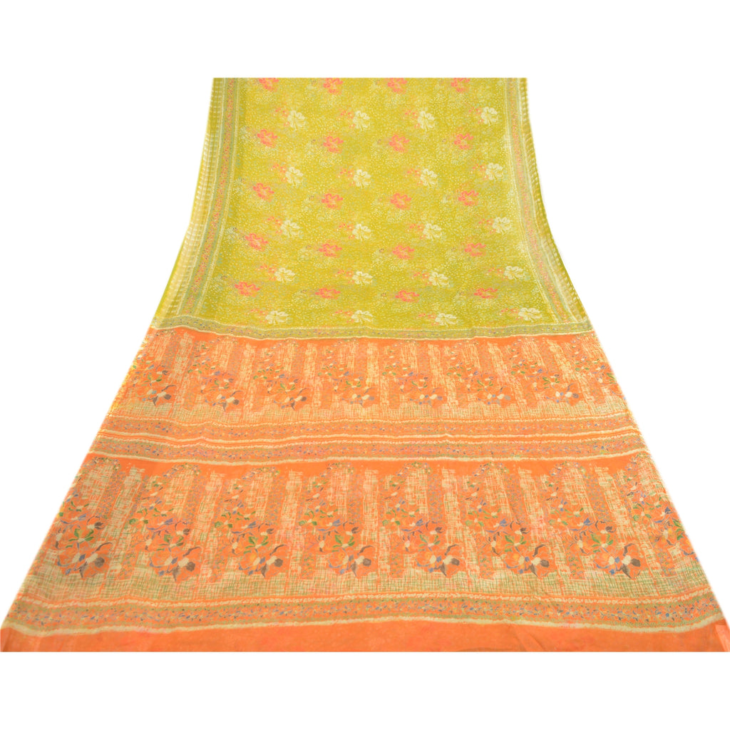 Sanskriti Vintage Green Indian Sarees Chiffon Printed 5 Yard Sari Craft Fabric