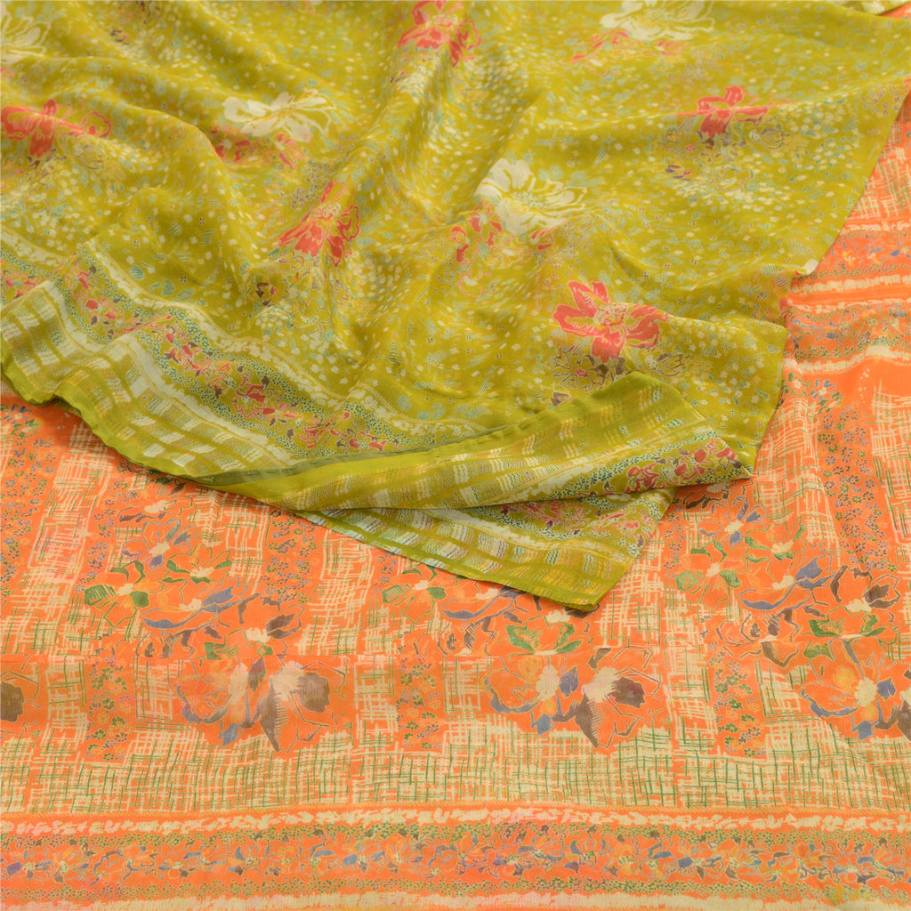 Sanskriti Vintage Green Indian Sarees Chiffon Printed 5 Yard Sari Craft Fabric