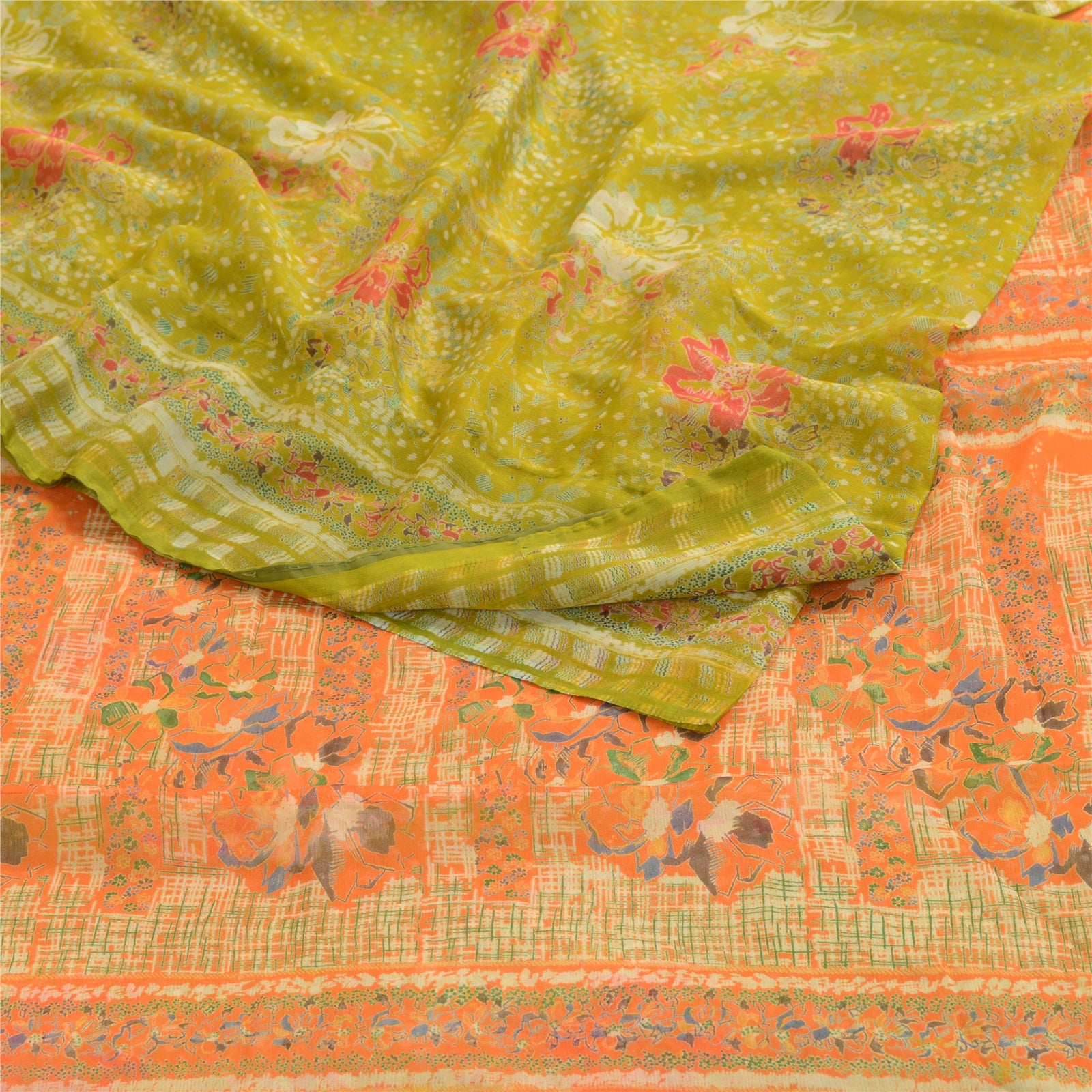 Sanskriti Vintage Green Indian Sarees Chiffon Printed 5 Yard Sari Craft Fabric