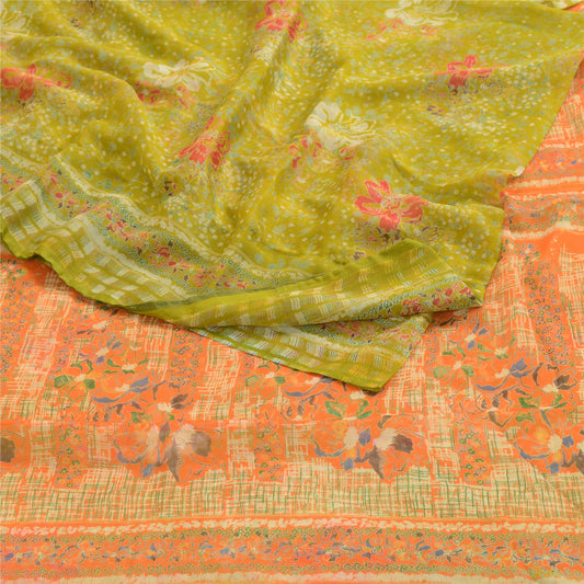 Sanskriti Vintage Green Indian Sarees Chiffon Printed 5 Yard Sari Craft Fabric