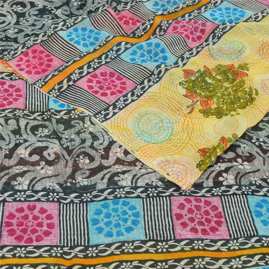 Sanskriti Vintage Multicolor Saree 100% Pure Georgette Silk Floral Printed 5 Yard Sari Craft Decor Fabric Uses-Table linen, Cushions