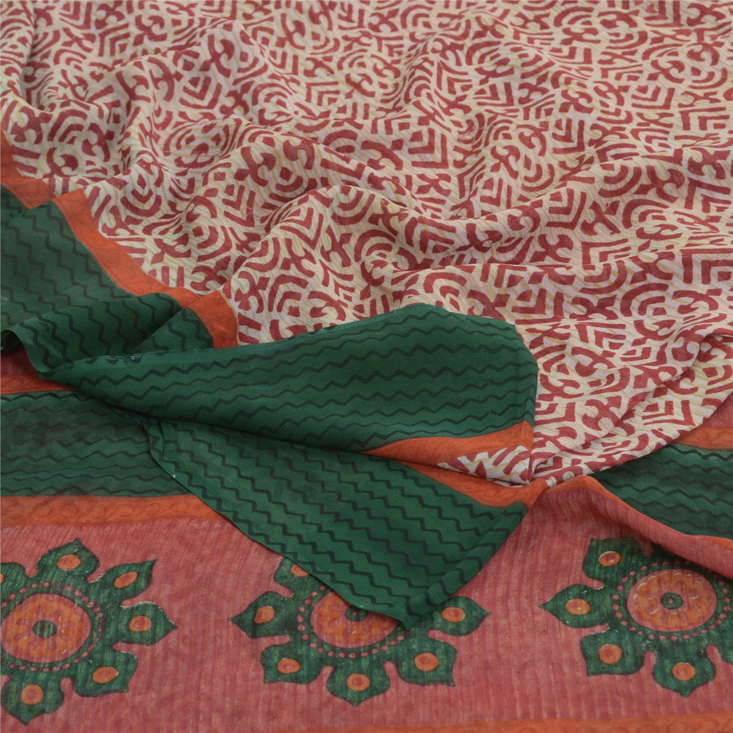 Sanskriti Vintage Ivory Red & Sarees Pure Georgette Printed Sari Craft Fabric