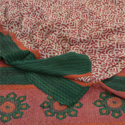 Sanskriti Vintage Ivory Red & Sarees Pure Georgette Printed Sari Craft Fabric
