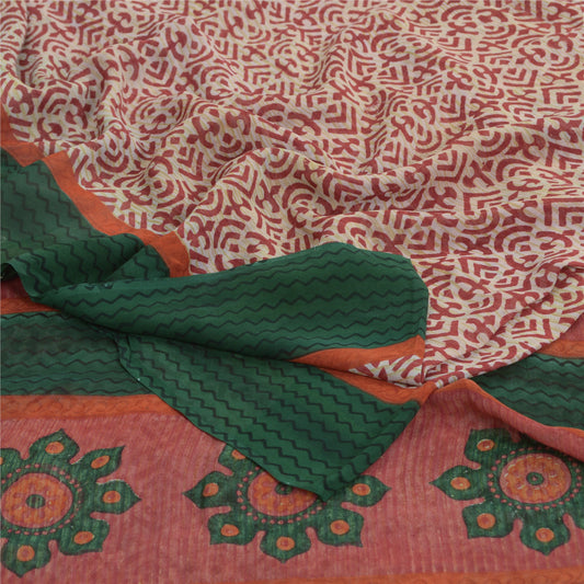 Sanskriti Vintage Ivory Red & Sarees Pure Georgette Printed Sari Craft Fabric