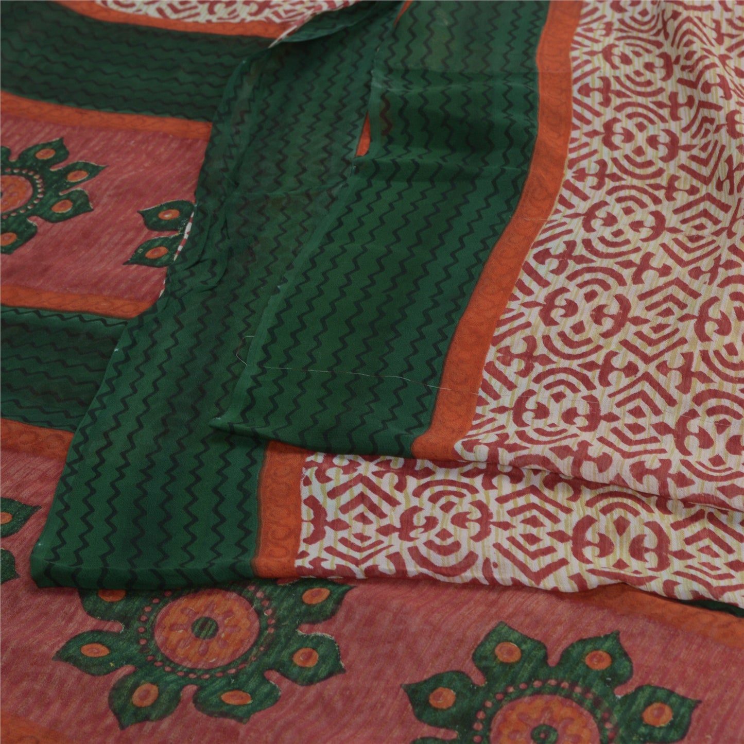 Sanskriti Vintage Ivory Red & Sarees Pure Georgette Printed Sari Craft Fabric