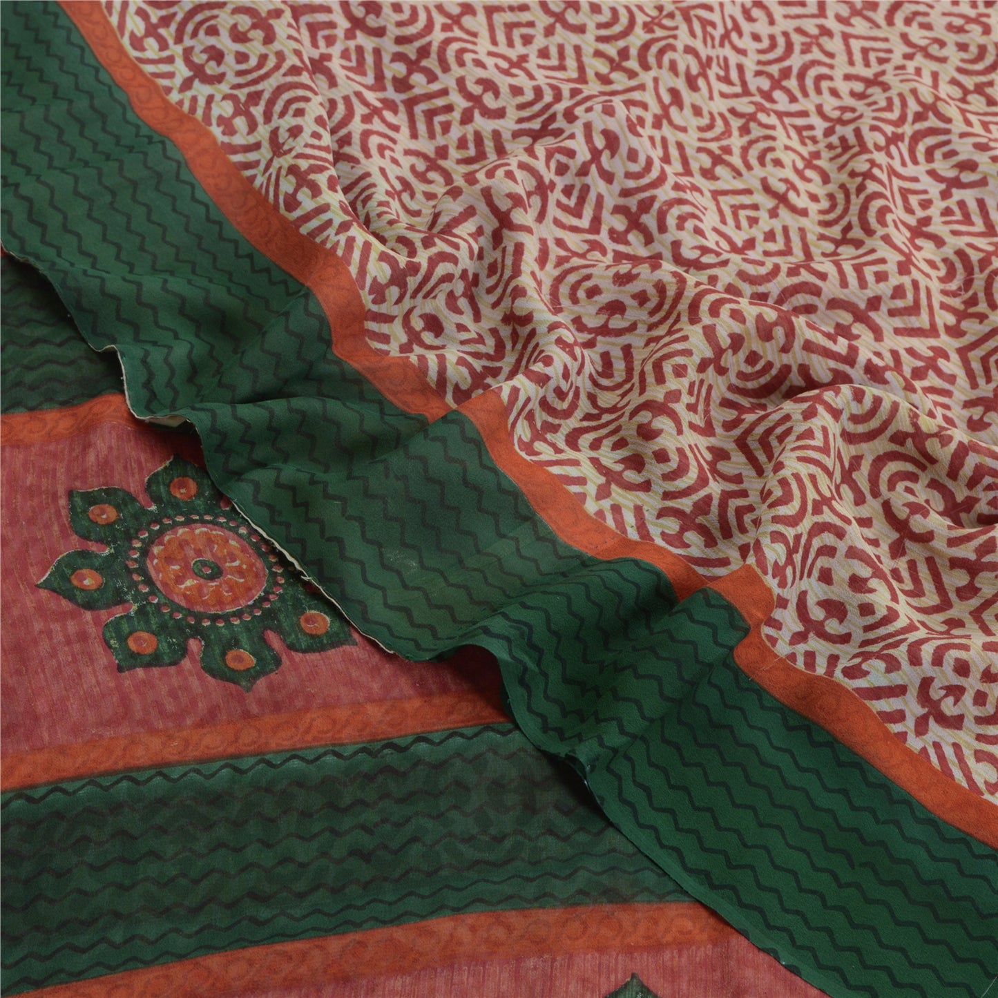 Sanskriti Vintage Ivory Red & Sarees Pure Georgette Printed Sari Craft Fabric