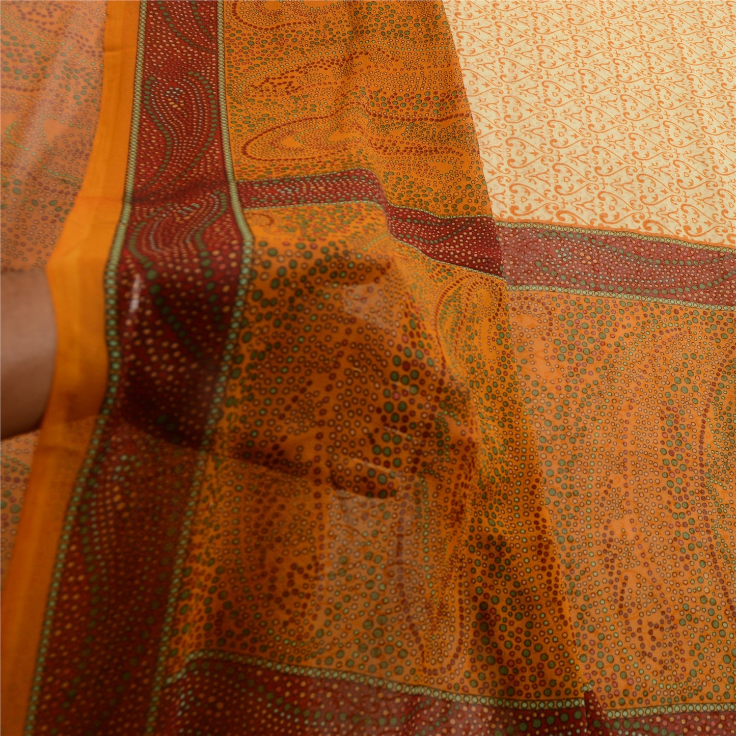 Sanskriti Vintage Saree Ivory Indian Georgette Floral Printed 5.5+YD Sari Soft Craft Fabric Create Dresses, Kaftan, Skirt, Tops, Projects,