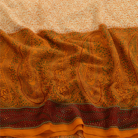 Sanskriti Vintage Saree Ivory Indian Georgette Floral Printed 5.5+YD Sari Soft Craft Fabric Create Dresses, Kaftan, Skirt, Tops, Projects,