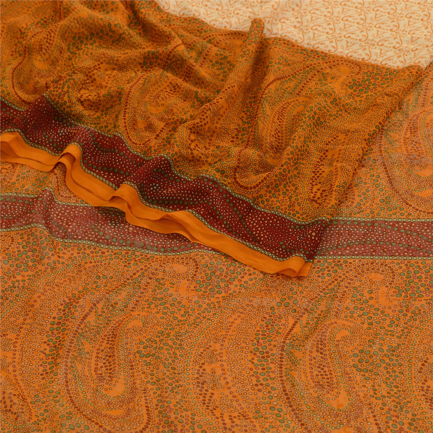 Sanskriti Vintage Saree Ivory Indian Georgette Floral Printed 5.5+YD Sari Soft Craft Fabric Create Dresses, Kaftan, Skirt, Tops, Projects,
