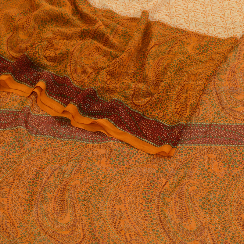Sanskriti Vintage Saree Ivory Indian Georgette Floral Printed 5.5+YD Sari Soft Craft Fabric Create Dresses, Kaftan, Skirt, Tops, Projects,