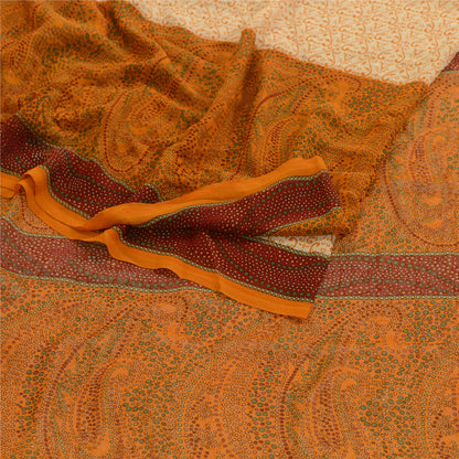 Sanskriti Vintage Saree Ivory Indian Georgette Floral Printed 5.5+YD Sari Soft Craft Fabric Create Dresses, Kaftan, Skirt, Tops, Projects,