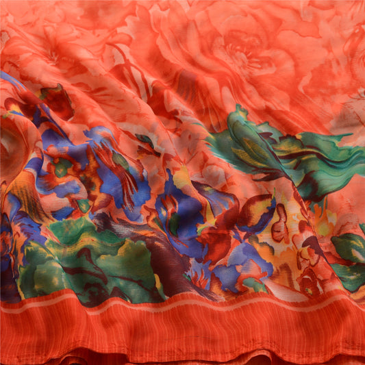 Sanskriti Vintage Saree Red Coral Georgette Digital Printed Floral Sari Craft 5.5+YD Fabric Crafting, Upcycling, , Dress Making, Decor,