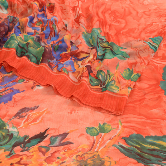 Sanskriti Vintage Saree Red Coral Georgette Digital Printed Floral Sari Craft 5.5+YD Fabric Crafting, Upcycling, , Dress Making, Decor,