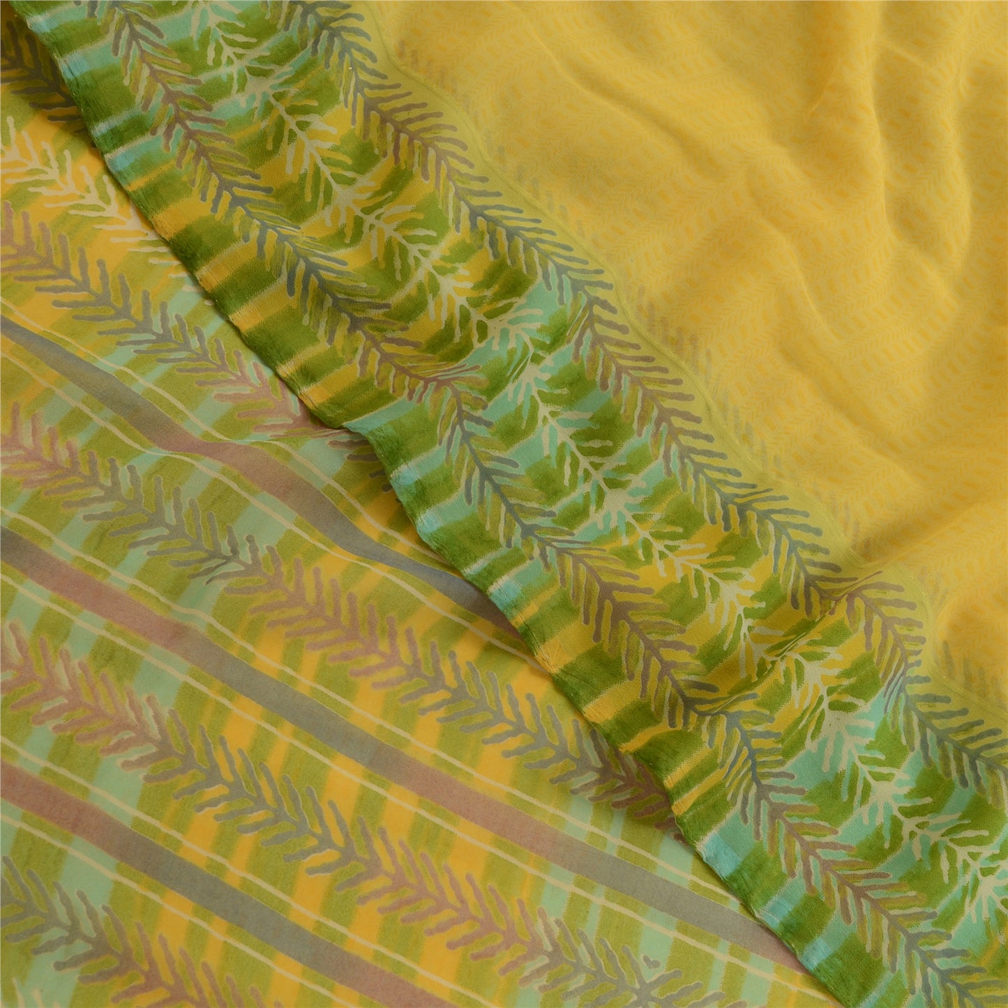 Sanskriti Vintage Yellow Indian Sari Leaf Printed Georgette Sarees Craft Fabric