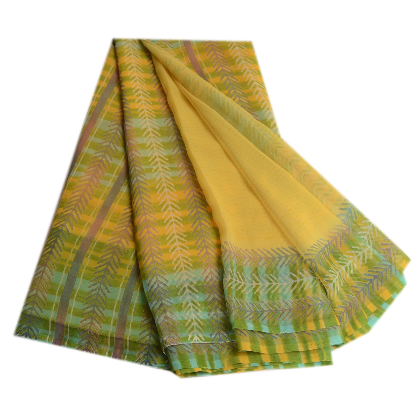 Sanskriti Vintage Yellow Indian Sari Leaf Printed Georgette Sarees Craft Fabric