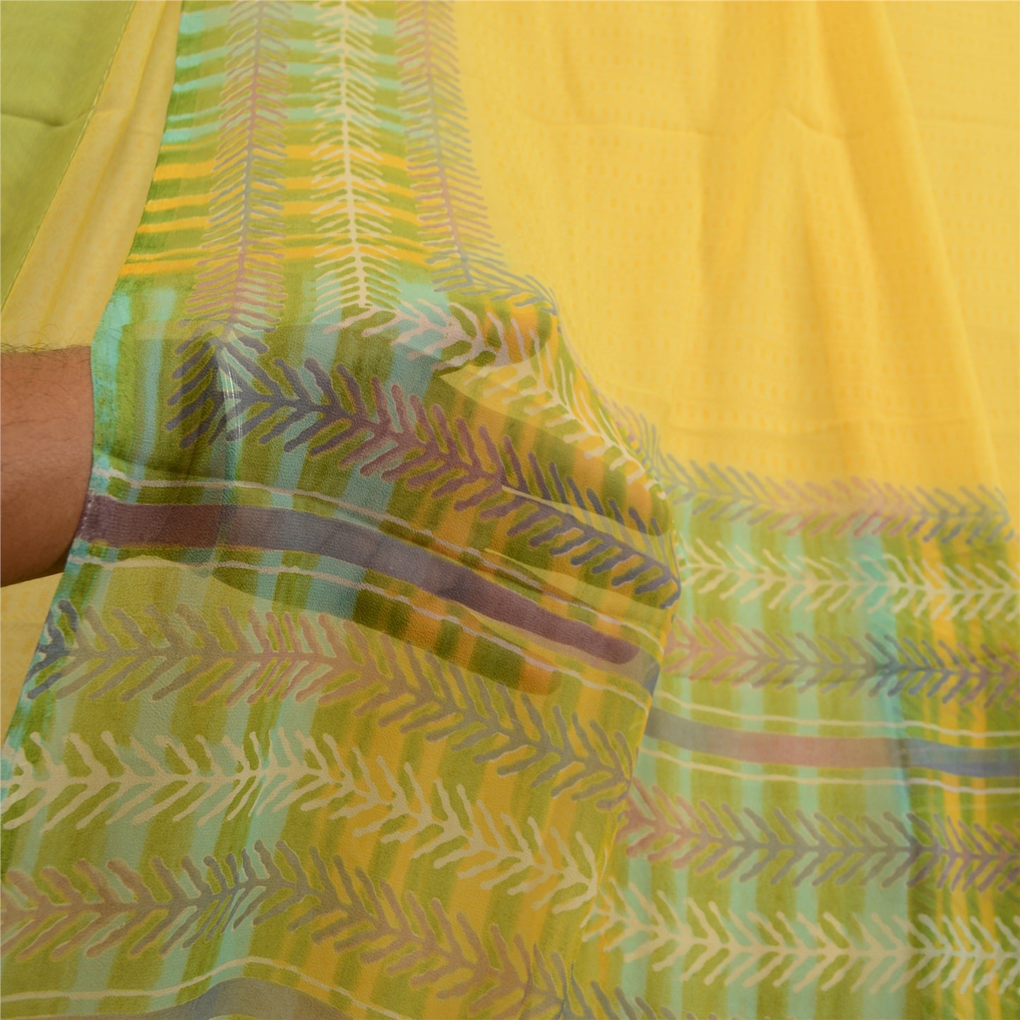 Sanskriti Vintage Yellow Indian Sari Leaf Printed Georgette Sarees Craft Fabric