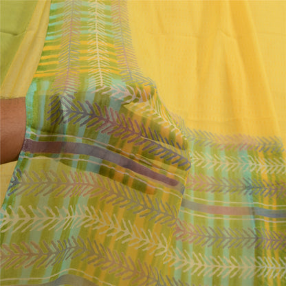 Sanskriti Vintage Yellow Indian Sari Leaf Printed Georgette Sarees Craft Fabric