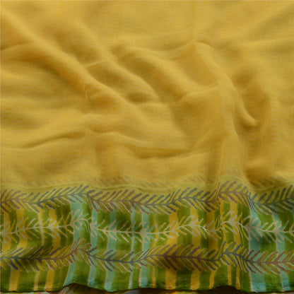 Sanskriti Vintage Yellow Indian Sari Leaf Printed Georgette Sarees Craft Fabric