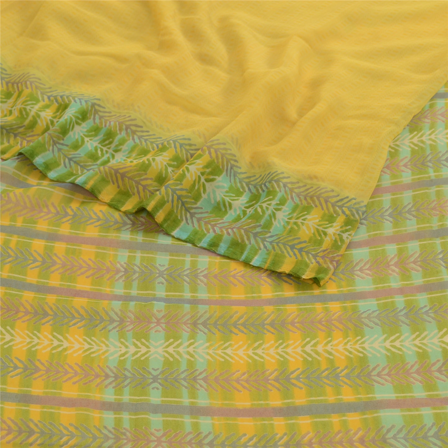 Sanskriti Vintage Yellow Indian Sari Leaf Printed Georgette Sarees Craft Fabric
