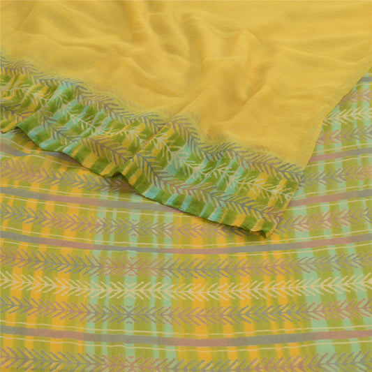 Sanskriti Vintage Yellow Indian Sari Leaf Printed Georgette Sarees Craft Fabric