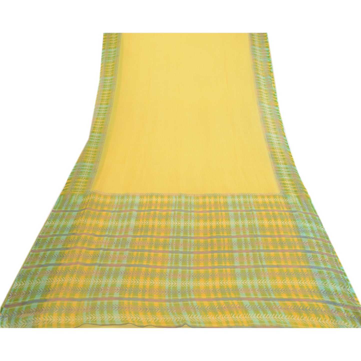 Sanskriti Vintage Yellow Indian Sari Leaf Printed Georgette Sarees Craft Fabric