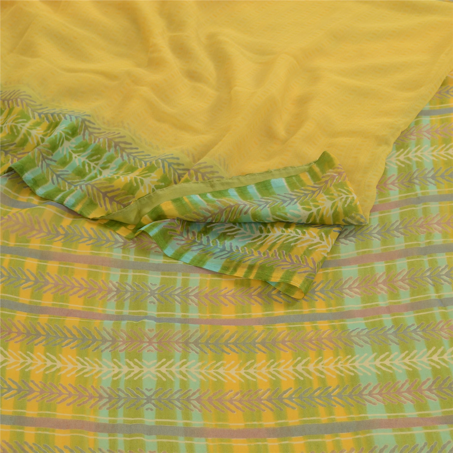 Sanskriti Vintage Yellow Indian Sari Leaf Printed Georgette Sarees Craft Fabric