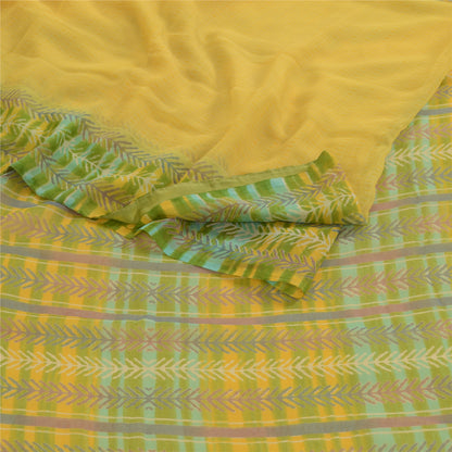 Sanskriti Vintage Yellow Indian Sari Leaf Printed Georgette Sarees Craft Fabric