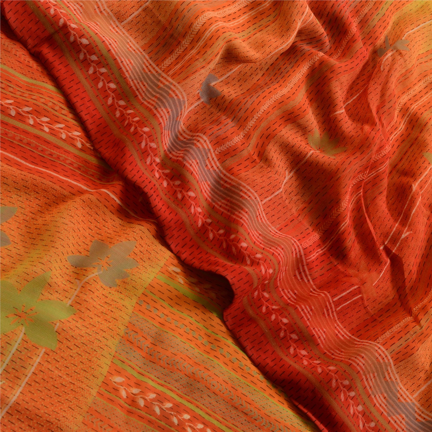 Sanskriti Vintage From India Orange Sarees Printed Georgette Sari Craft Fabric