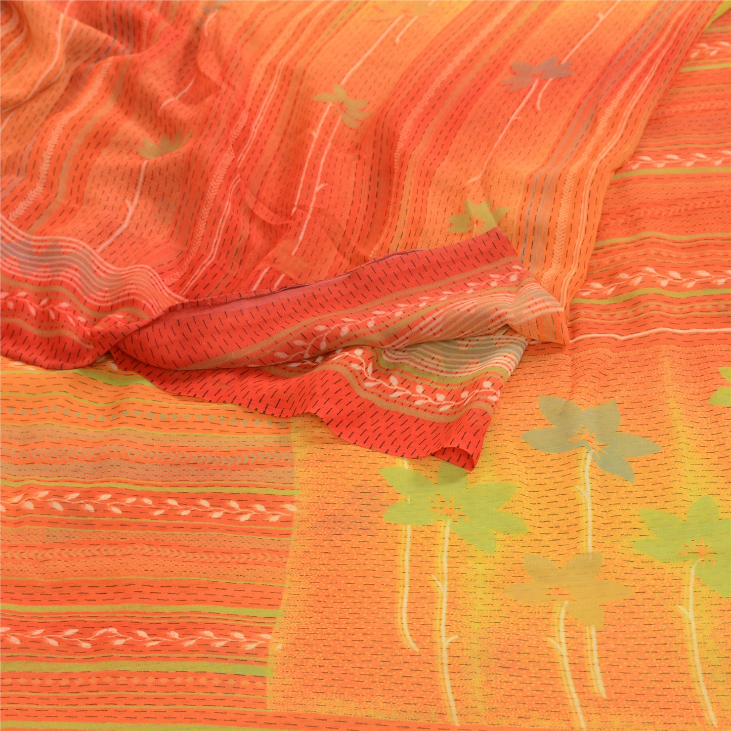 Sanskriti Vintage From India Orange Sarees Printed Georgette Sari Craft Fabric