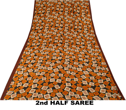 Sanskriti Vintage Saree Black Pure Georgette Geometric Print Sari 5.5Yard Fabric