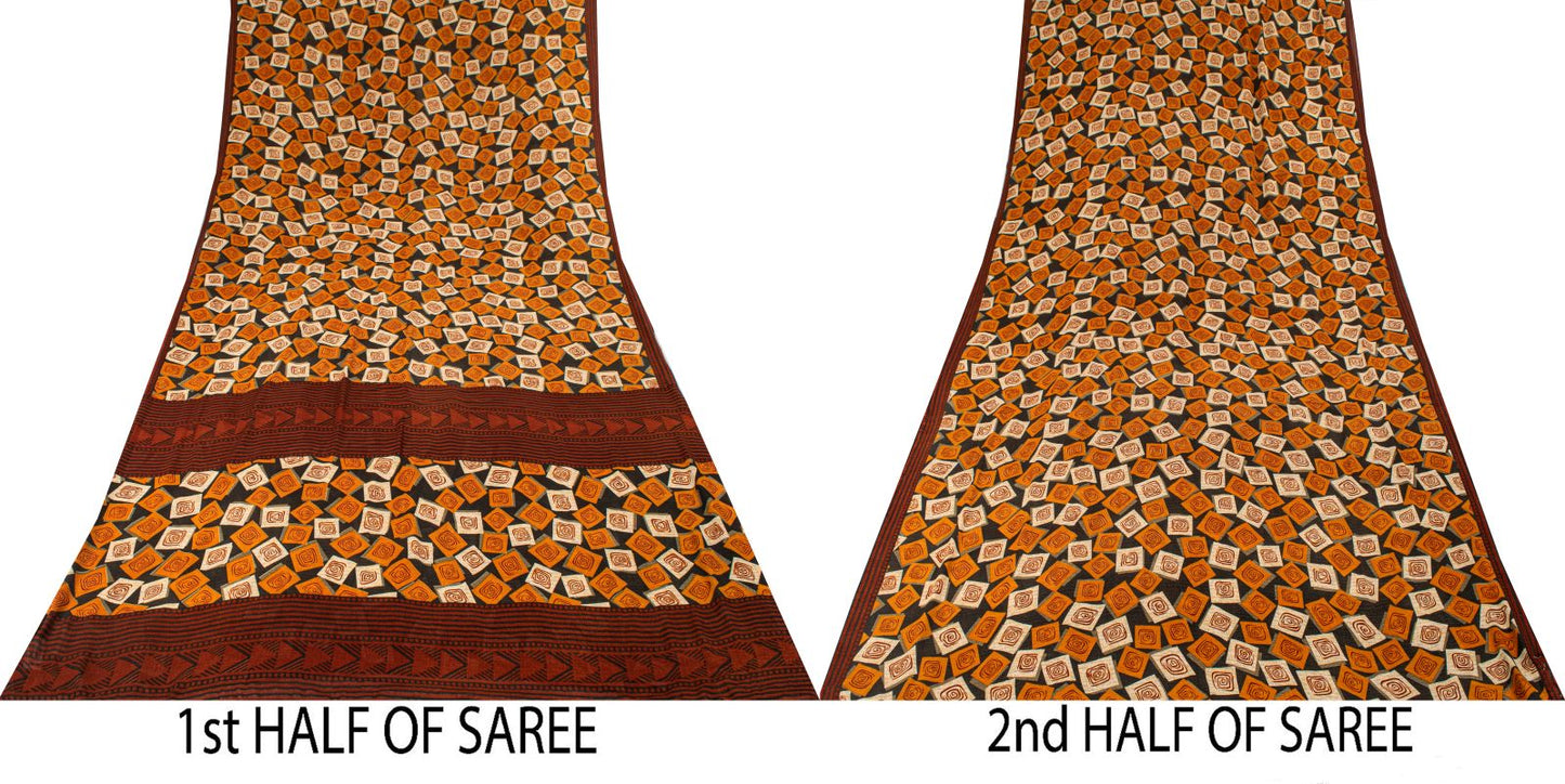 Sanskriti Vintage Saree Black Pure Georgette Geometric Print Sari 5.5Yard Fabric