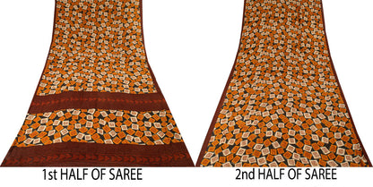Sanskriti Vintage Saree Black Pure Georgette Geometric Print Sari 5.5Yard Fabric