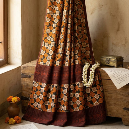 Sanskriti Vintage Saree Black Pure Georgette Geometric Print Sari 5.5Yard Fabric