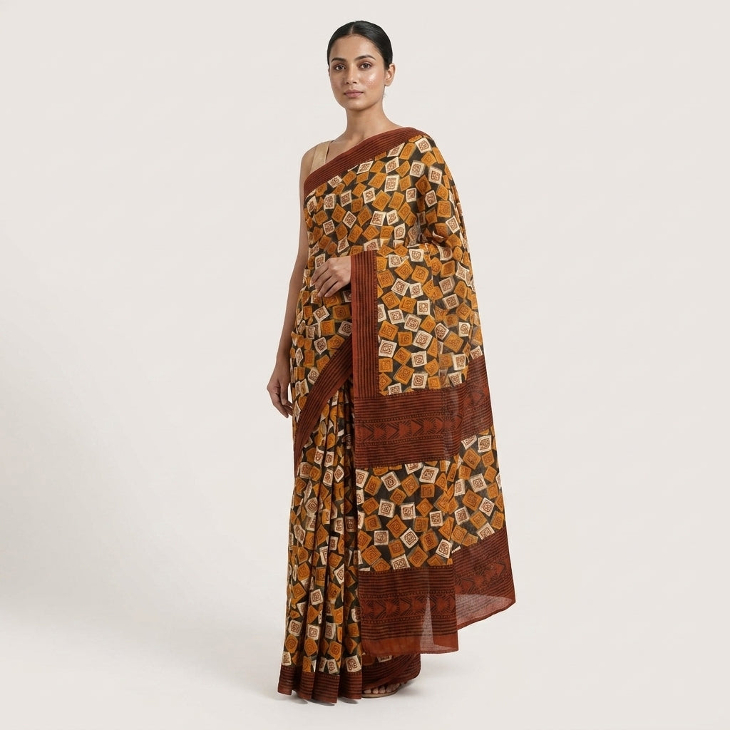 Sanskriti Vintage Saree Black Pure Georgette Geometric Print Sari 5.5Yard Fabric