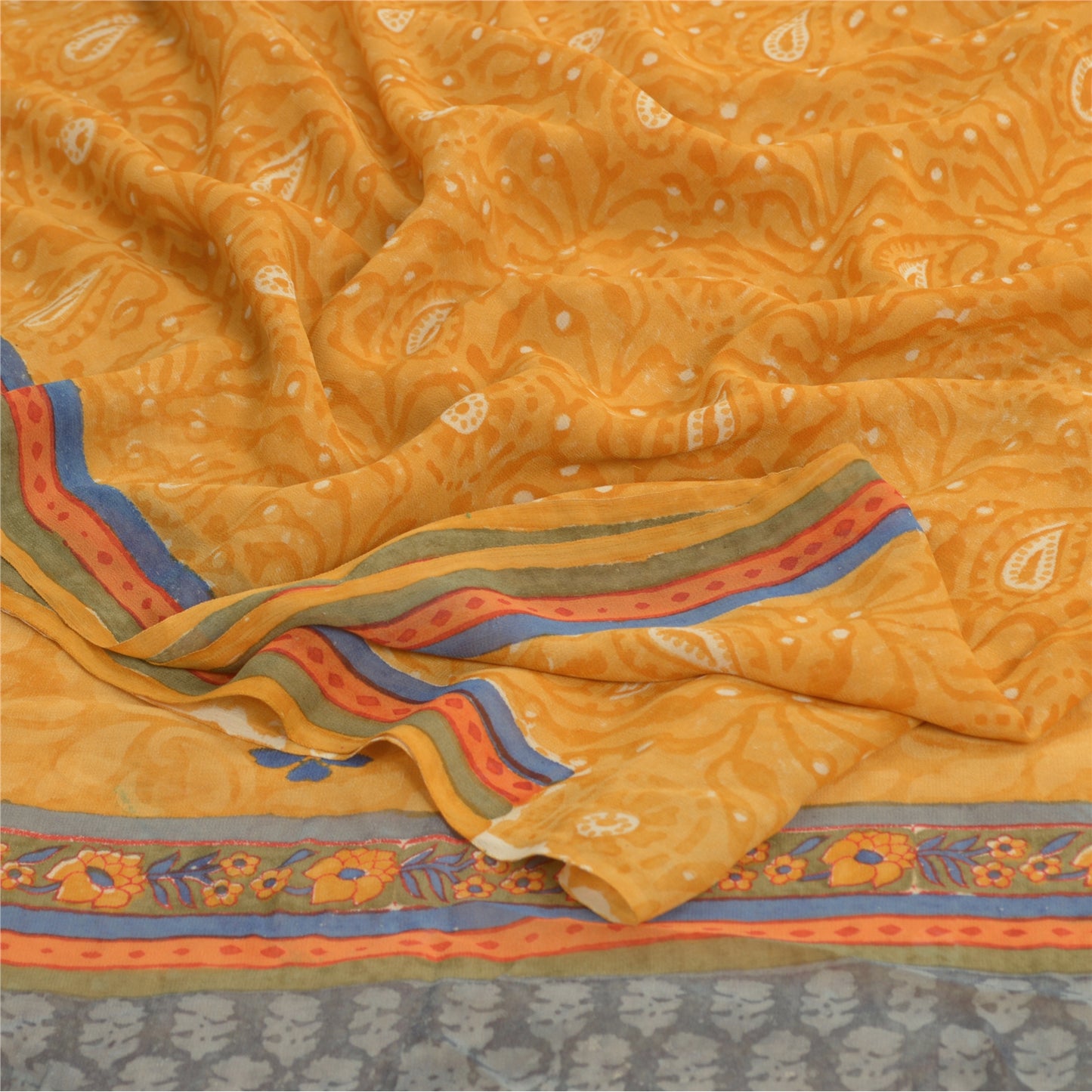 Sanskriti Vintage Yellow Sarees Pure Georgette Silk Printed Sari Craft Fabric