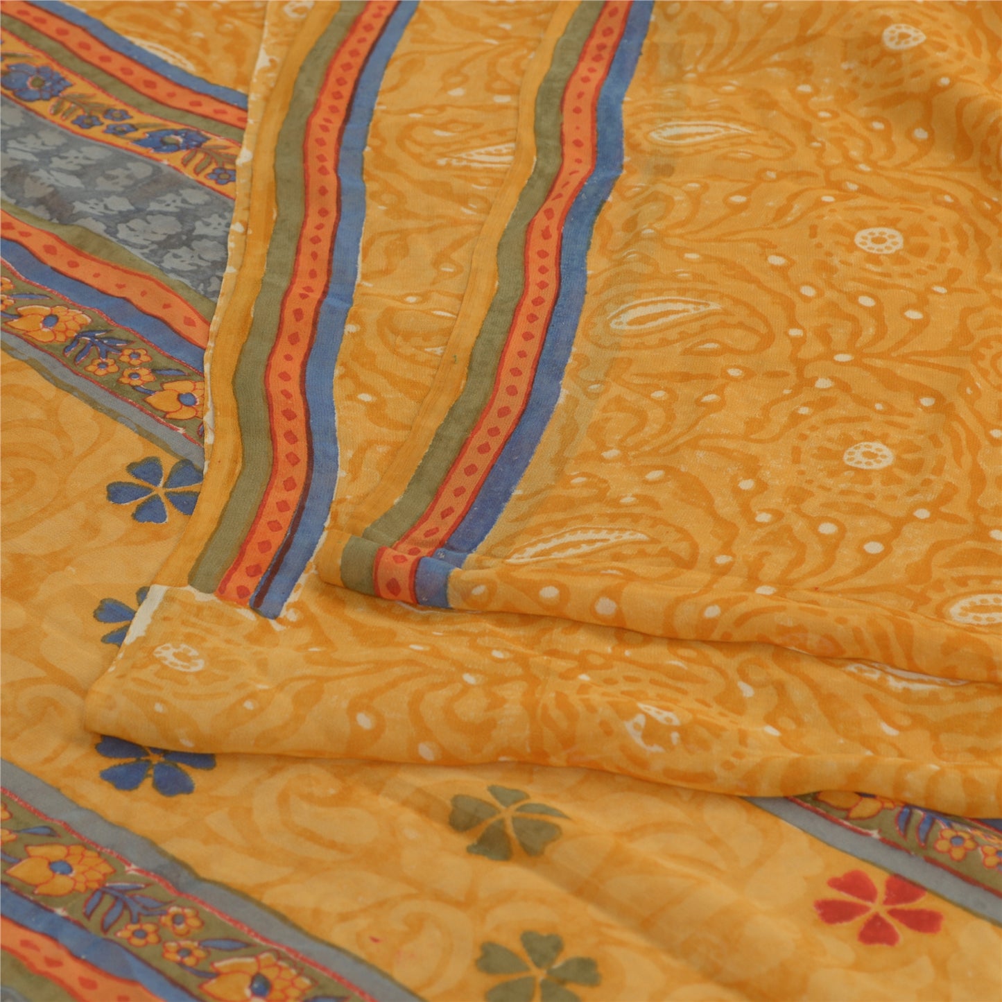 Sanskriti Vintage Yellow Sarees Pure Georgette Silk Printed Sari Craft Fabric