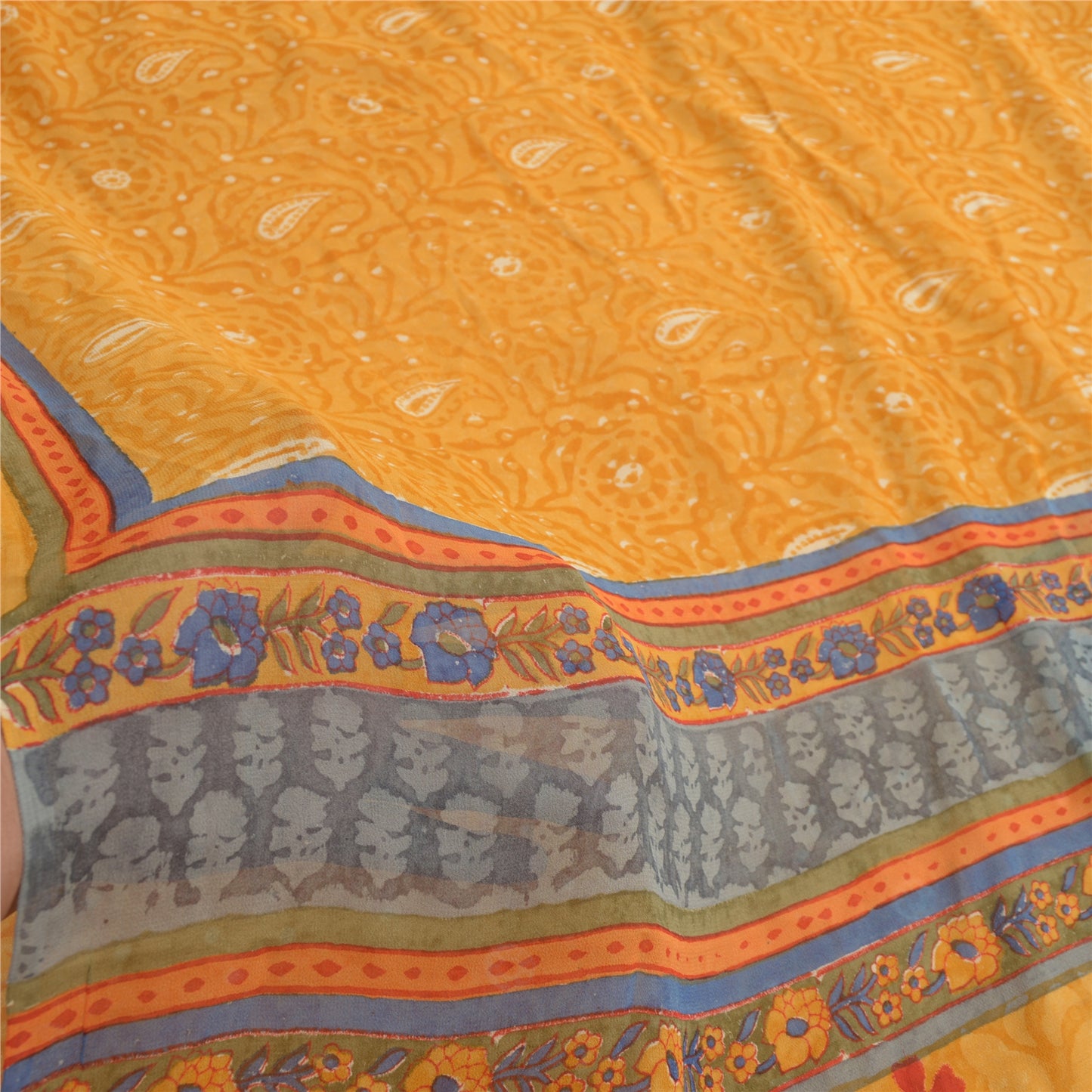 Sanskriti Vintage Yellow Sarees Pure Georgette Silk Printed Sari Craft Fabric