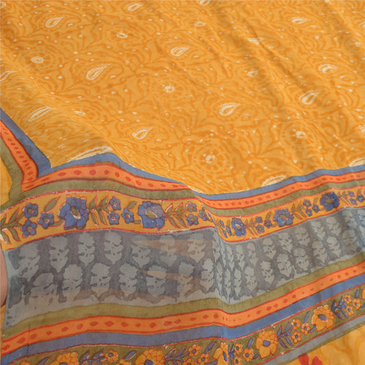 Sanskriti Vintage Yellow Sarees Pure Georgette Silk Printed Sari Craft Fabric