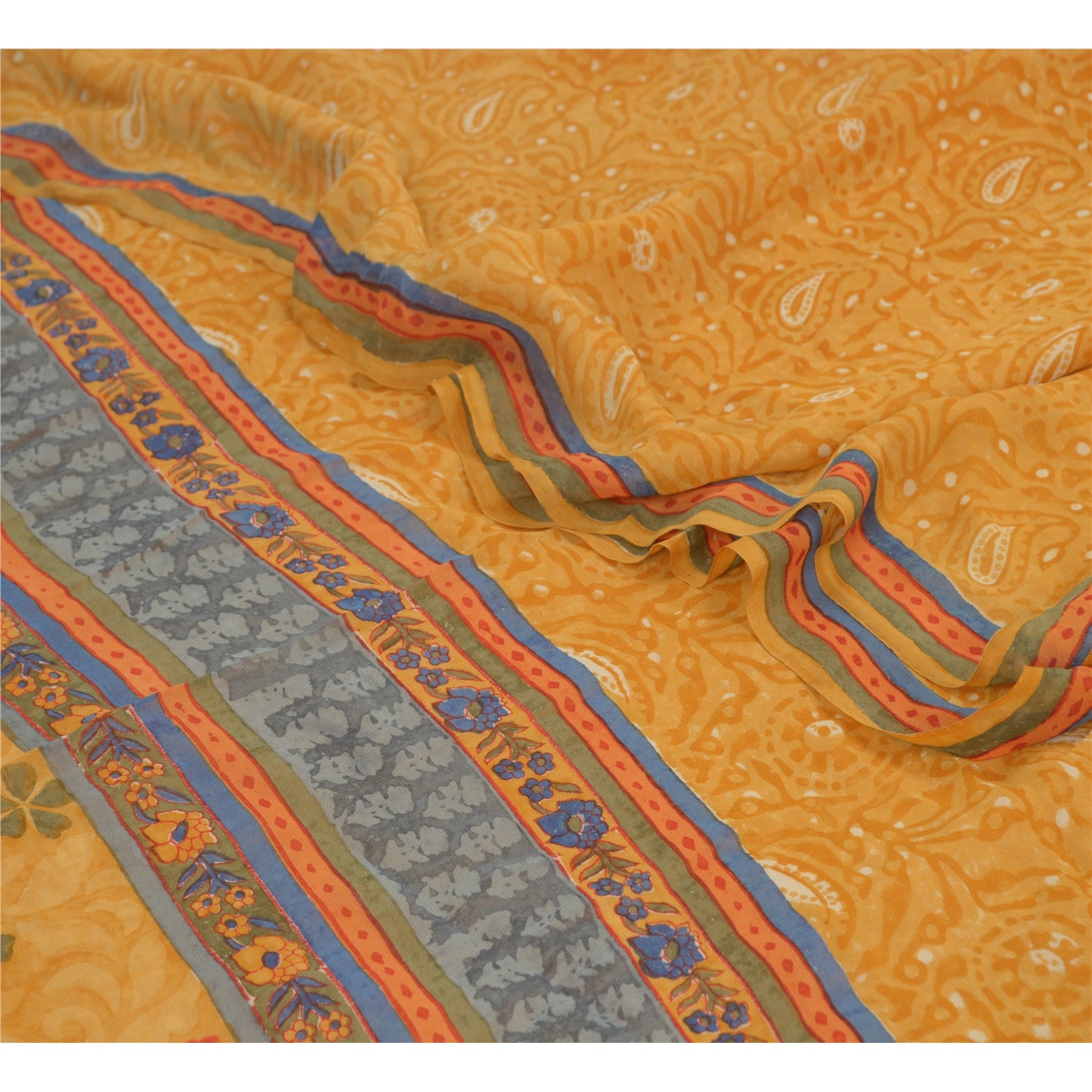 Sanskriti Vintage Yellow Sarees Pure Georgette Silk Printed Sari Craft Fabric