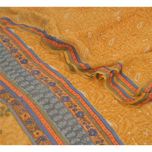 Sanskriti Vintage Yellow Sarees Pure Georgette Silk Printed Sari Craft Fabric
