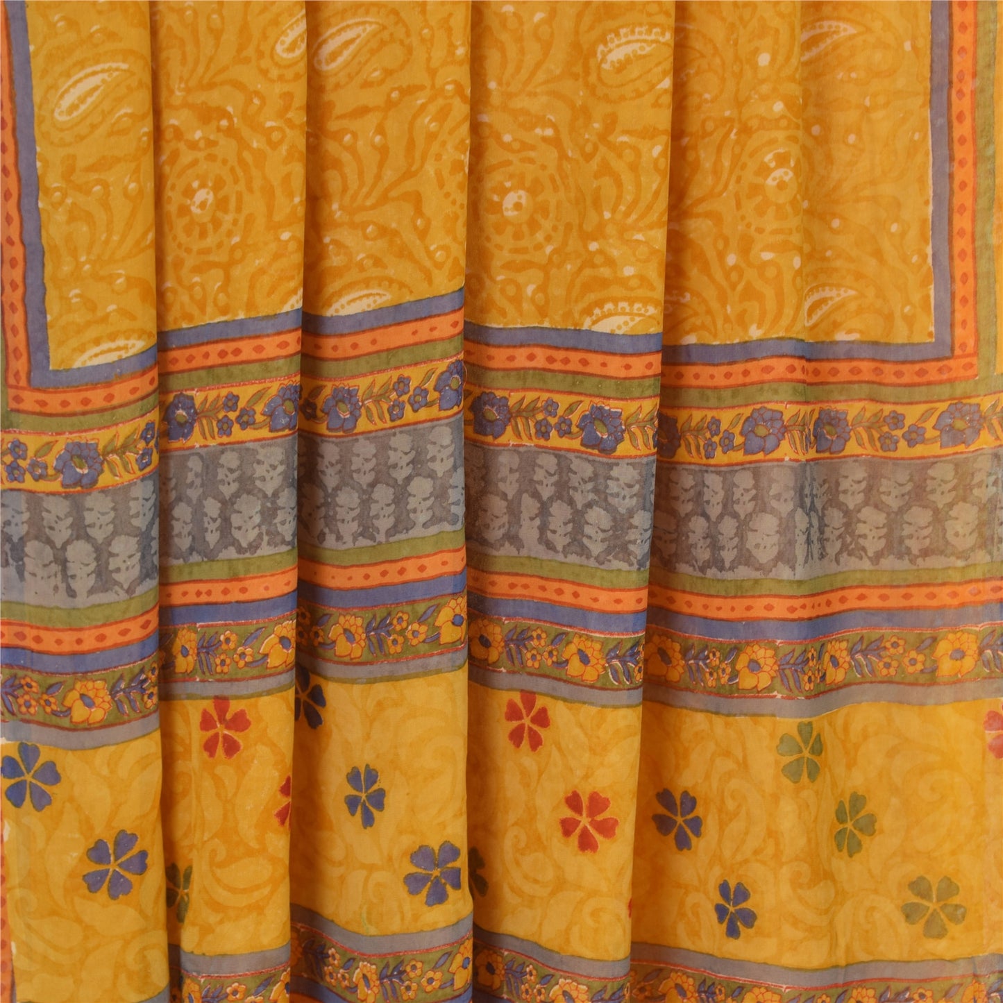 Sanskriti Vintage Yellow Sarees Pure Georgette Silk Printed Sari Craft Fabric