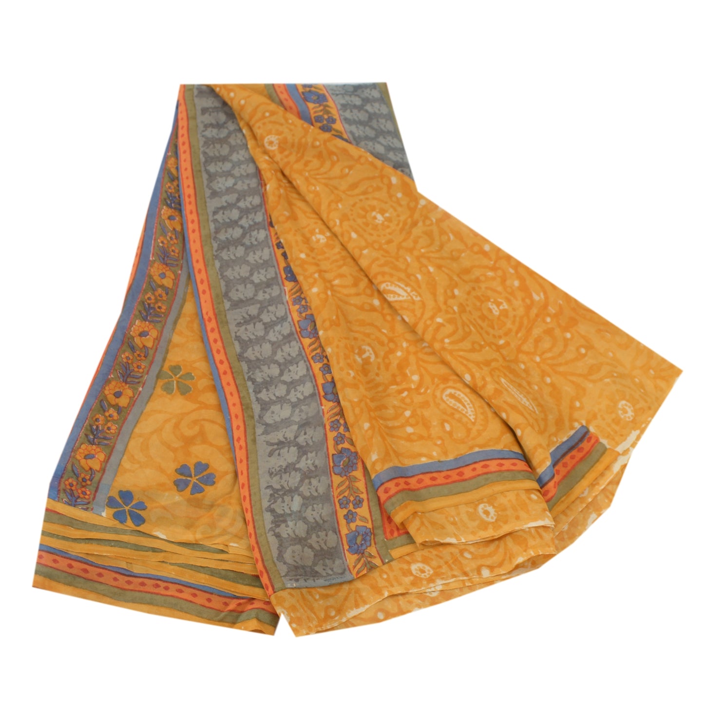 Sanskriti Vintage Yellow Sarees Pure Georgette Silk Printed Sari Craft Fabric
