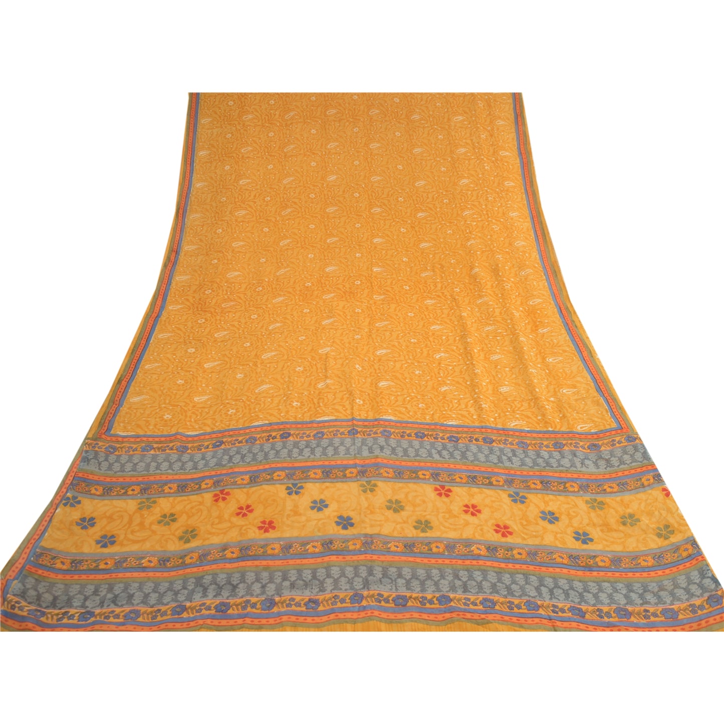 Sanskriti Vintage Yellow Sarees Pure Georgette Silk Printed Sari Craft Fabric